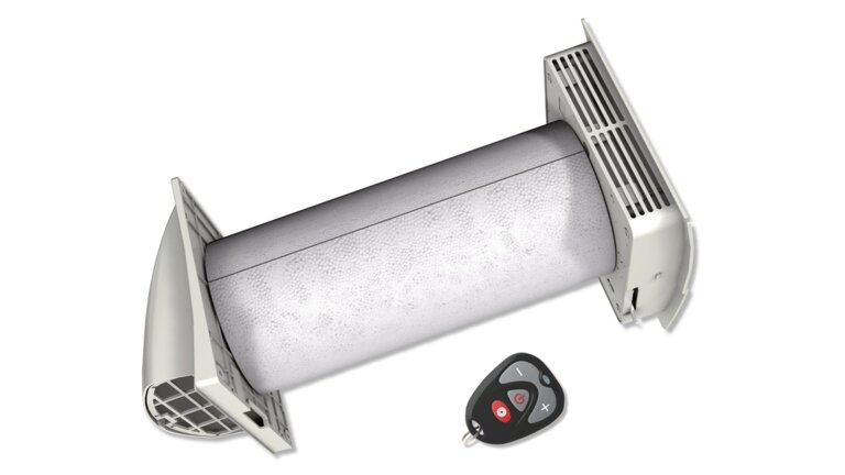 Leaf MEnV Lüftungsgerät mit Außen- und Innenabdeckung, rundem Wärmespeicher und Fernbedienung.